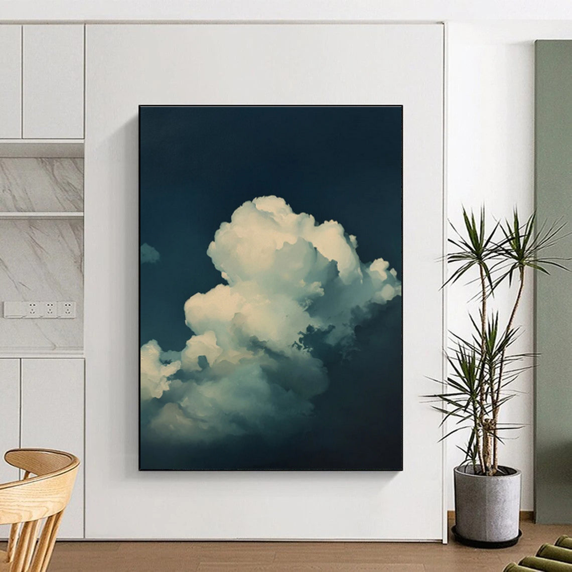 White Clouds Dark Blue Sky Abstract Painting ADGE020