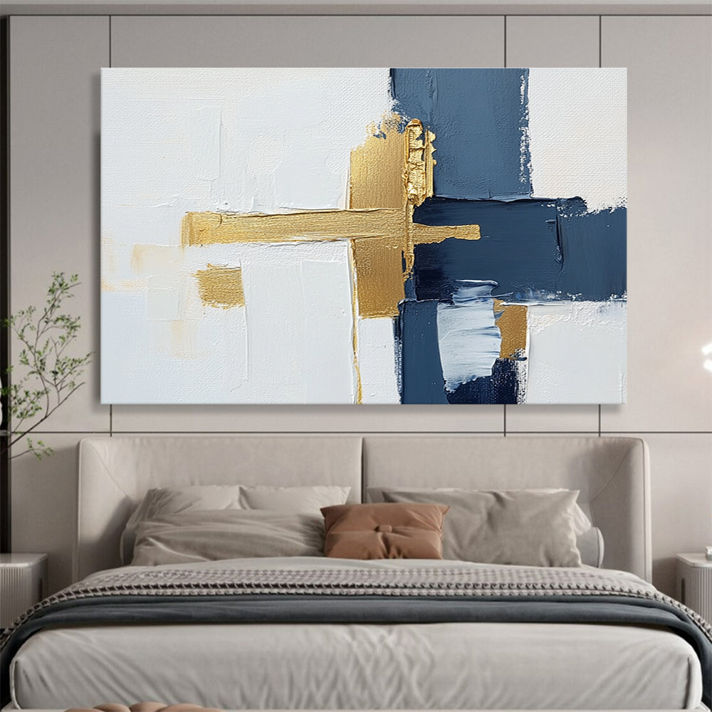 Navy Gold White Abstract Painting with Textured Cross Design DYP426