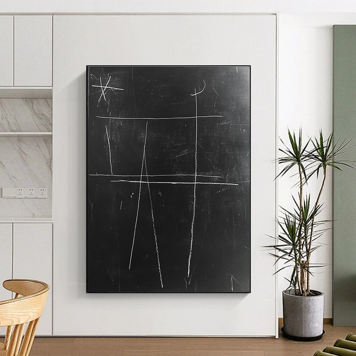 A large abstract drawing featuring simple lines and thick white chalk textures on a black chalkboard, inspired by Matisse's minimalism.STSC1061