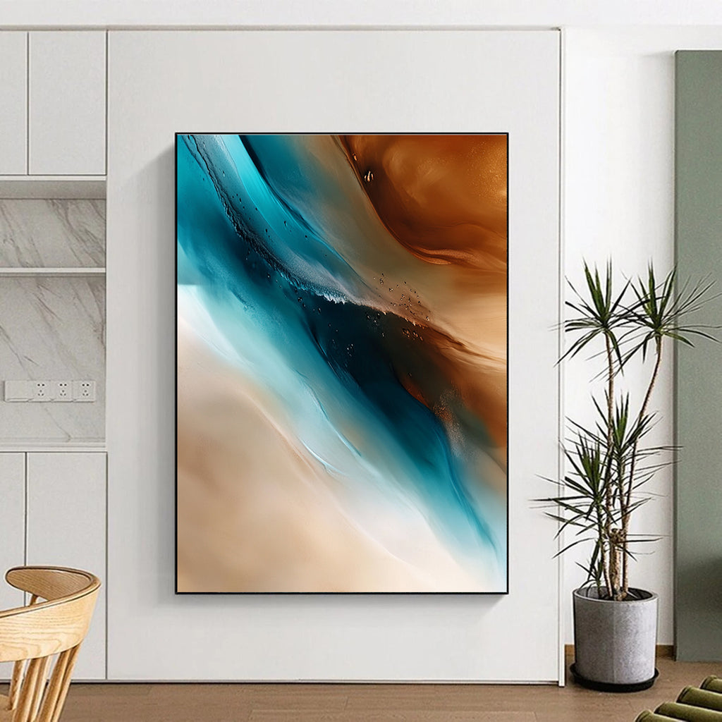 Blue and Brown Abstract Painting with Fluid Motions GER455