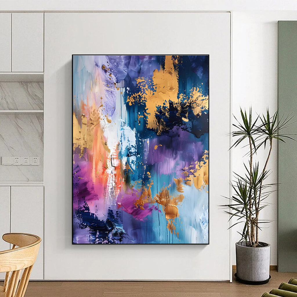 Purple Blue and Gold Abstract Painting with Splashes ADGE282