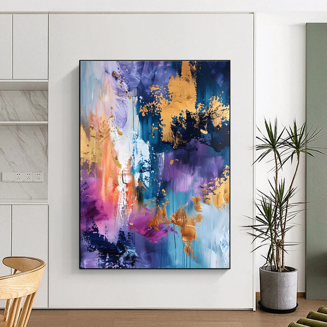 Purple Blue and Gold Abstract Painting with Splashes ADGE282