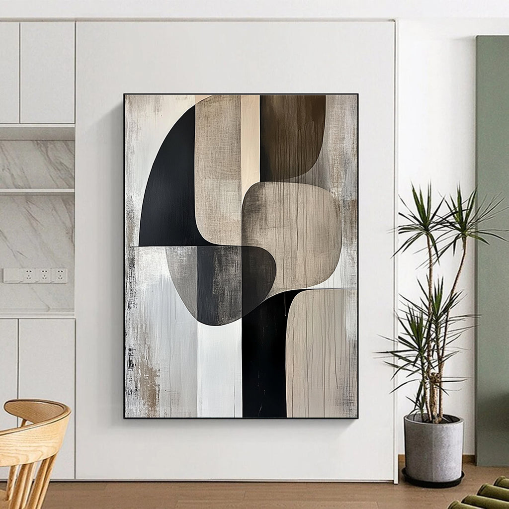 Neutral Shapes Abstract Painting with Black and Beige GER694