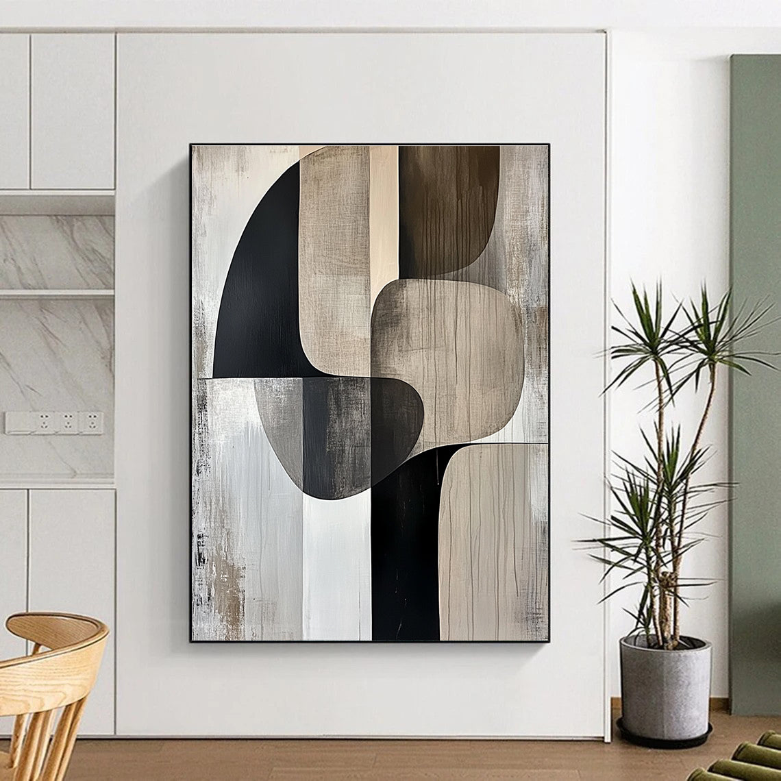 Neutral Shapes Abstract Painting with Black and Beige GER694