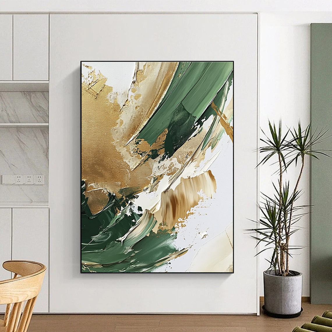 Green Gold and Beige Abstract Painting with Thick Textures GER647