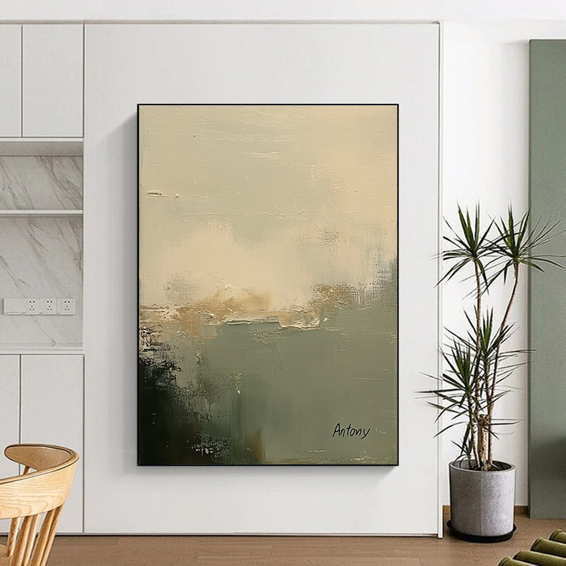 Large abstract painting featuring soft muted white and sage green tones with a textured background and calming minimalistic brush strokes signed by Antony.STSC799