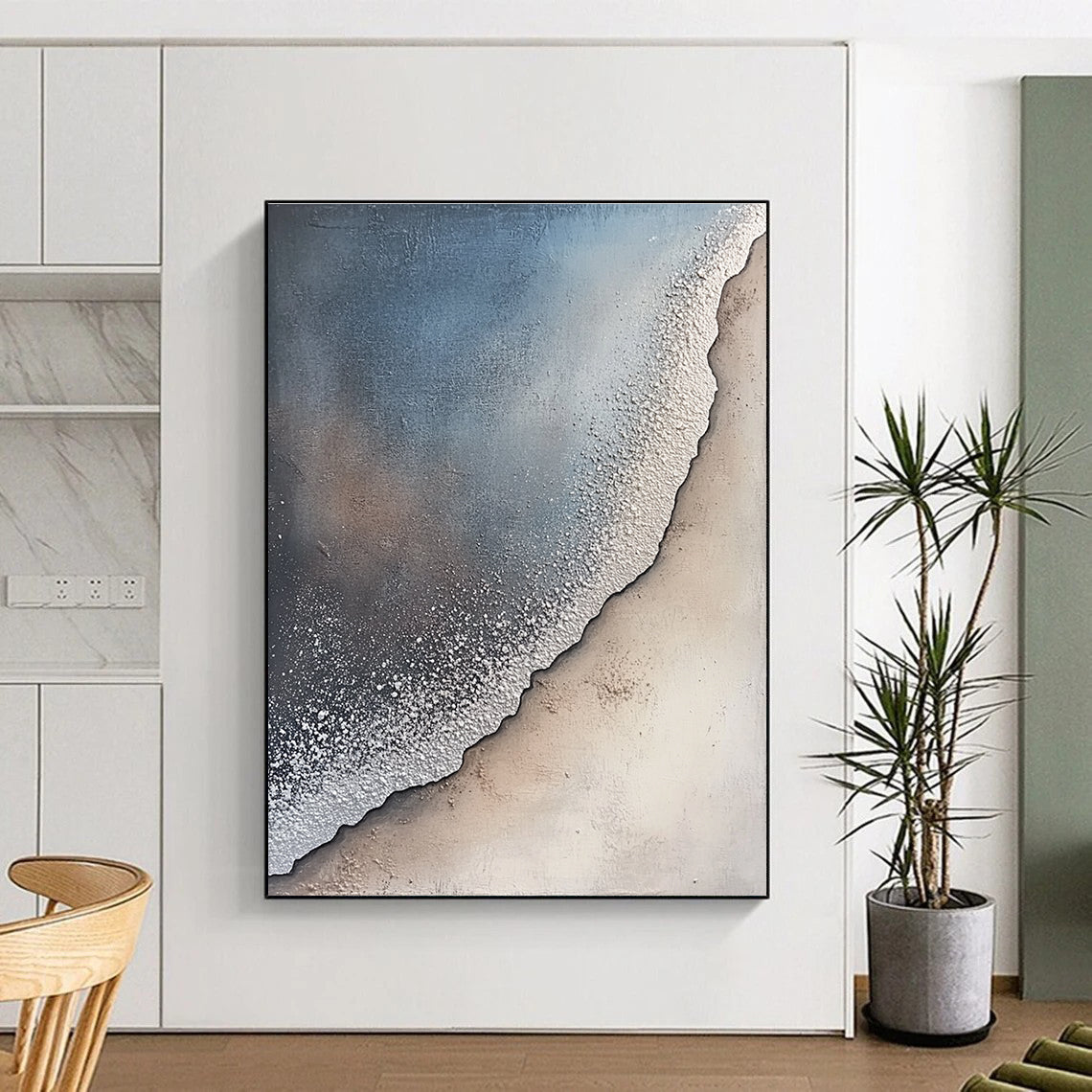 Large abstract painting of a sandy shore with gray and white textures silver dust fog creating a serene atmosphere with nature blending harmoniously.STSC256