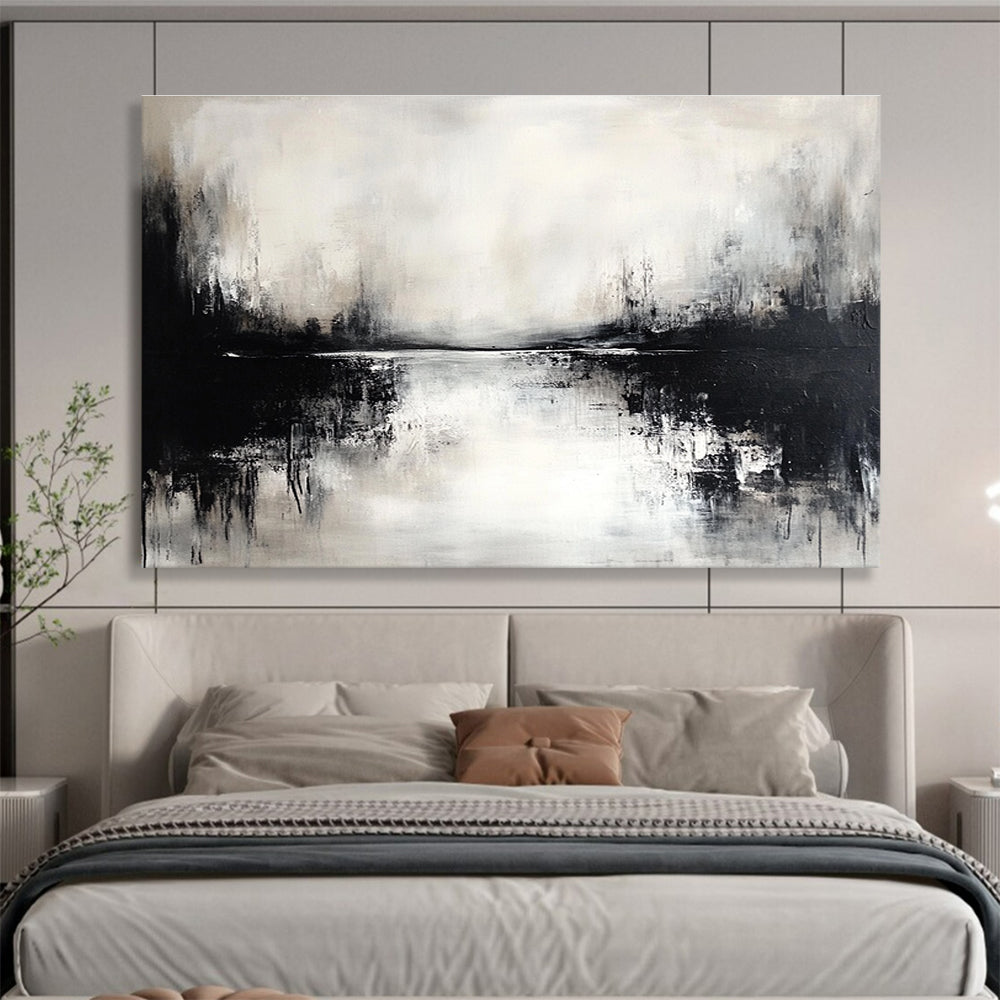 Black and White Lake Abstract Painting with Reflection Effects DYP173