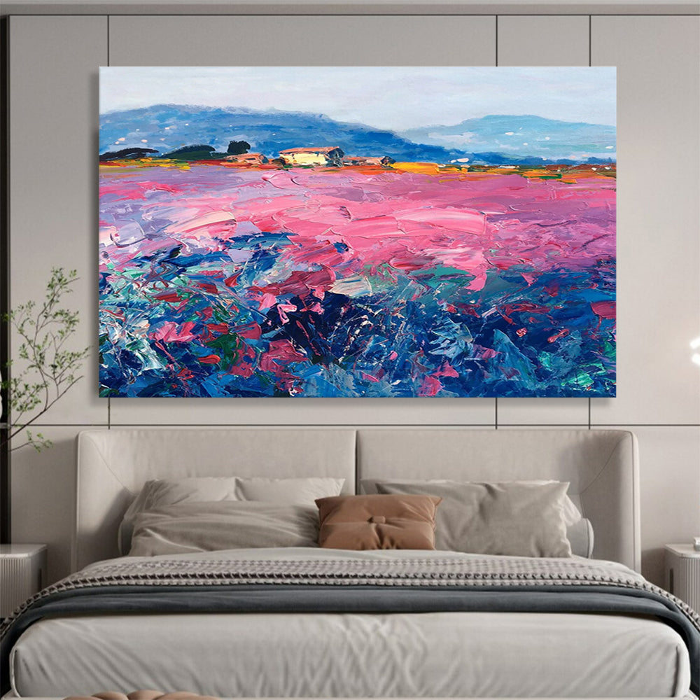 Pink Field with Houses Abstract Painting THY450