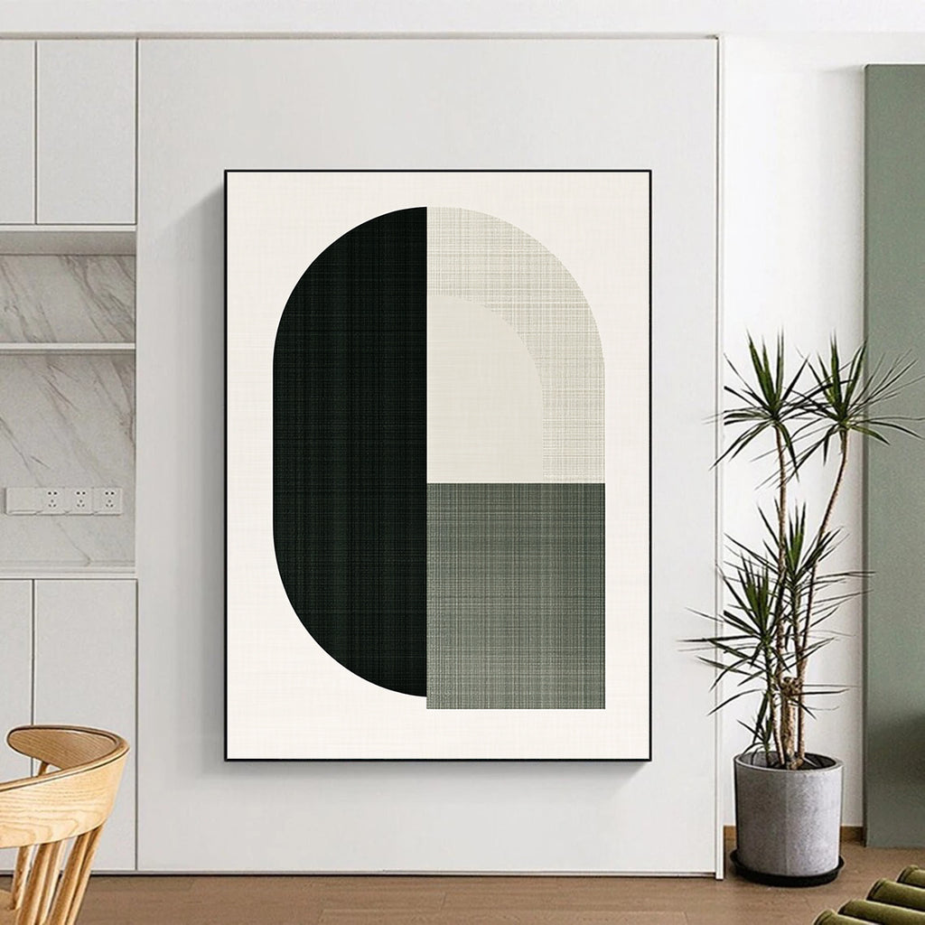A large abstract illustration featuring an arch and half circle in green shades symbolizes the letter O for a top-grain rug brand.STSC1179