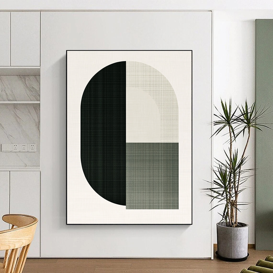 A large abstract illustration featuring an arch and half circle in green shades symbolizes the letter O for a top-grain rug brand.STSC1179