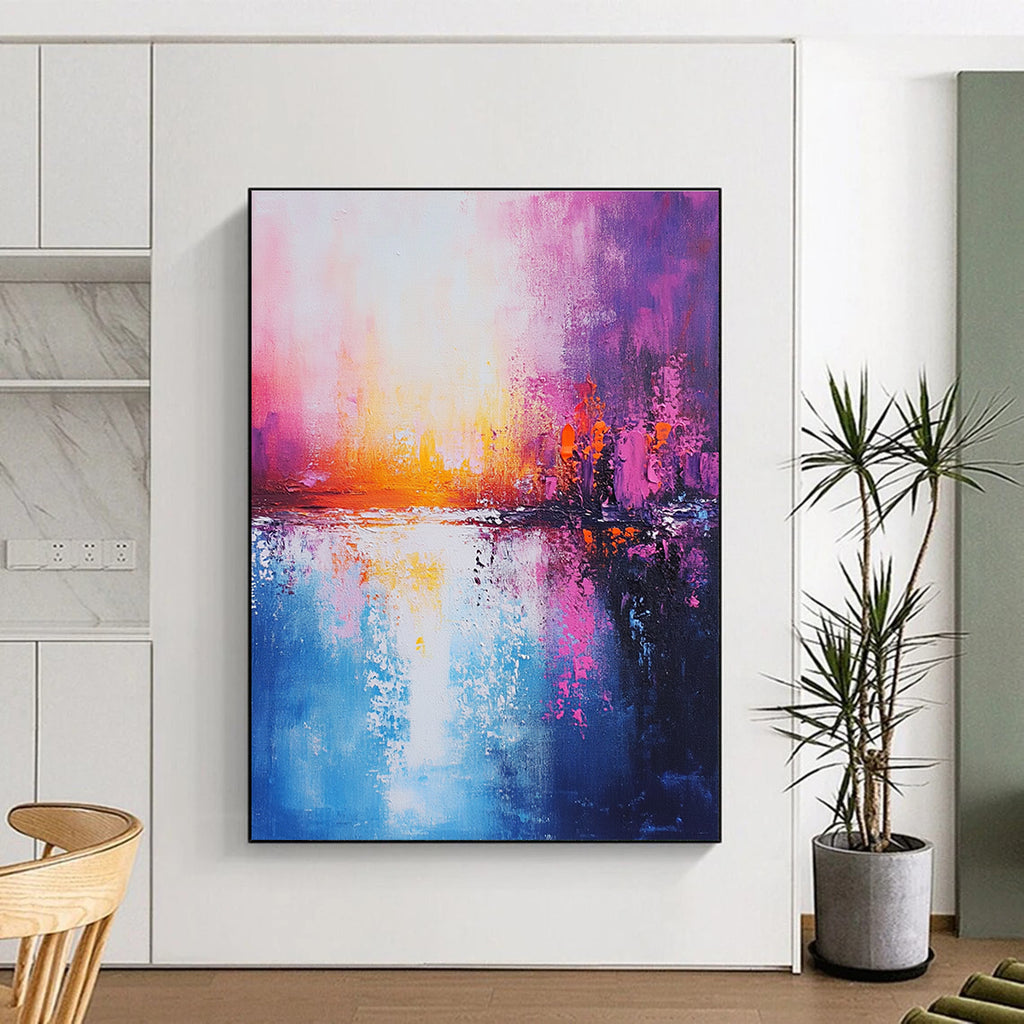 Large Abstract Painting of a tranquil ocean in pink blue and purple tones with a sunset warm cool palette and detailed brushstrokes on canvas.STSC265