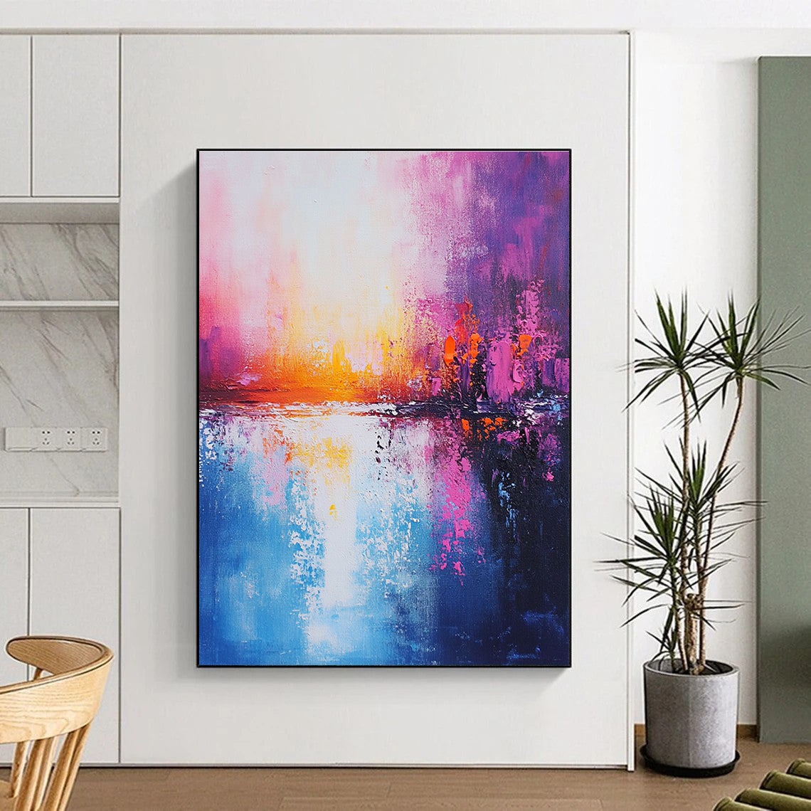 Large Abstract Painting of a tranquil ocean in pink blue and purple tones with a sunset warm cool palette and detailed brushstrokes on canvas.STSC265