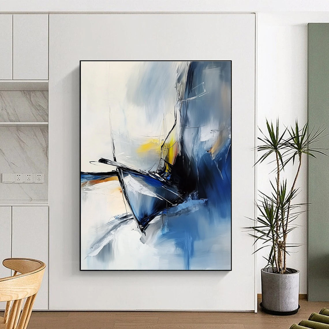 An abstract painting capturing a close-up of a luxury sailboat's bow and figurehead in foggy weather using white blue black grey and yellow.STSC645