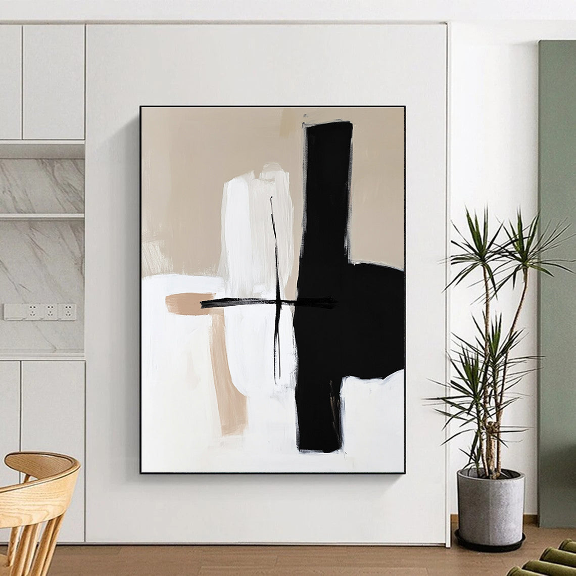Beige Black and White Abstract Painting with Simple Compositions GER668
