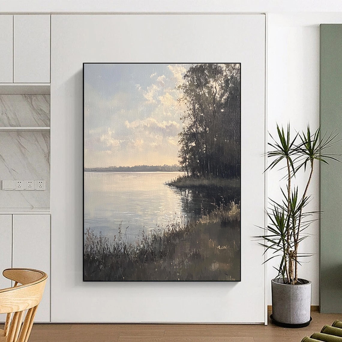 Large abstract painting depicting serene Chautauqua Lake with muted colors soft sunlight and detailed brushstrokes creating a tranquil atmosphere.STSC1173