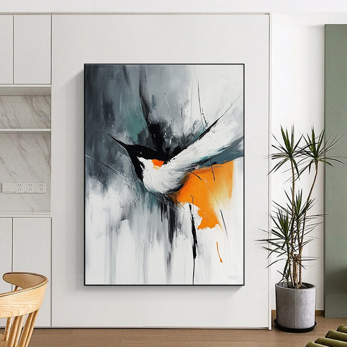 Abstract painting featuring an orange white and black bird in flight with minimalistic brush strokes on a gray background in the style of Marcin Sobas.STSC662