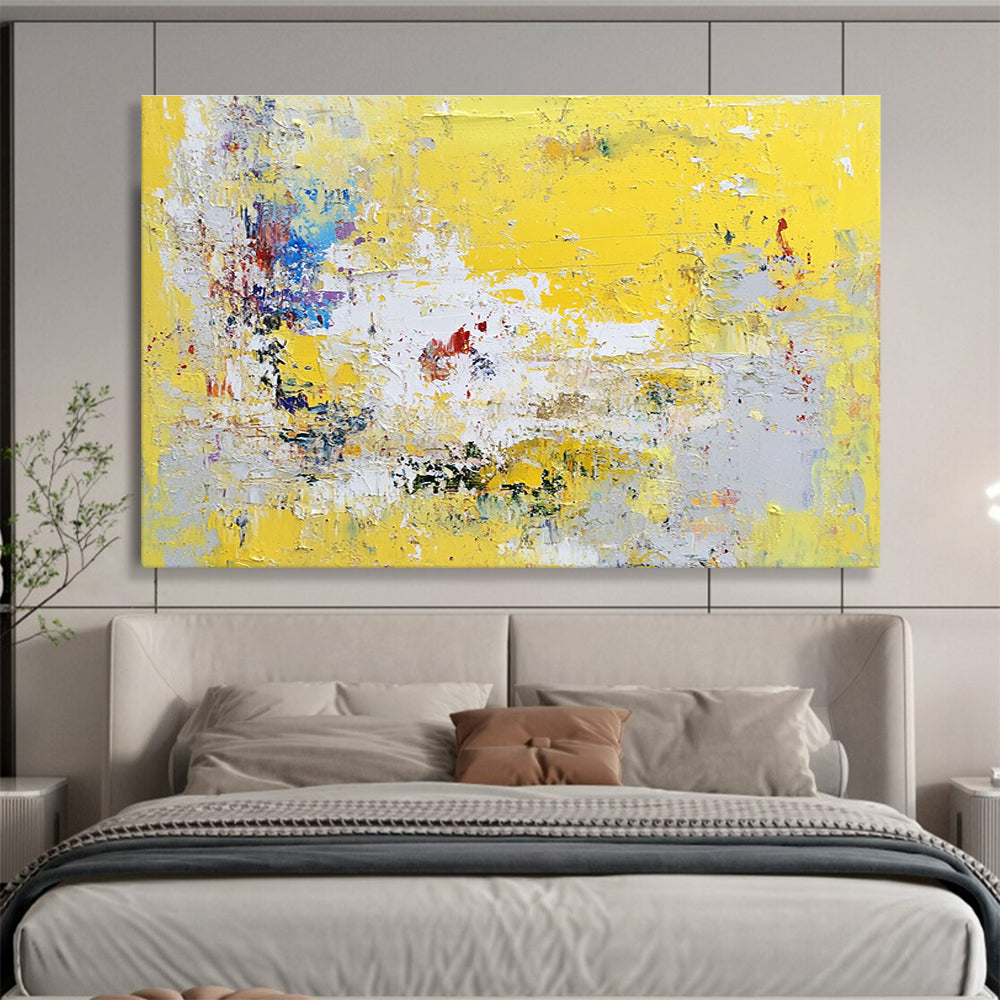 Large abstract painting in yellow and grey with hints of blue green white and red soft textured brushstrokes evoking nostalgia and contemplation.SC370