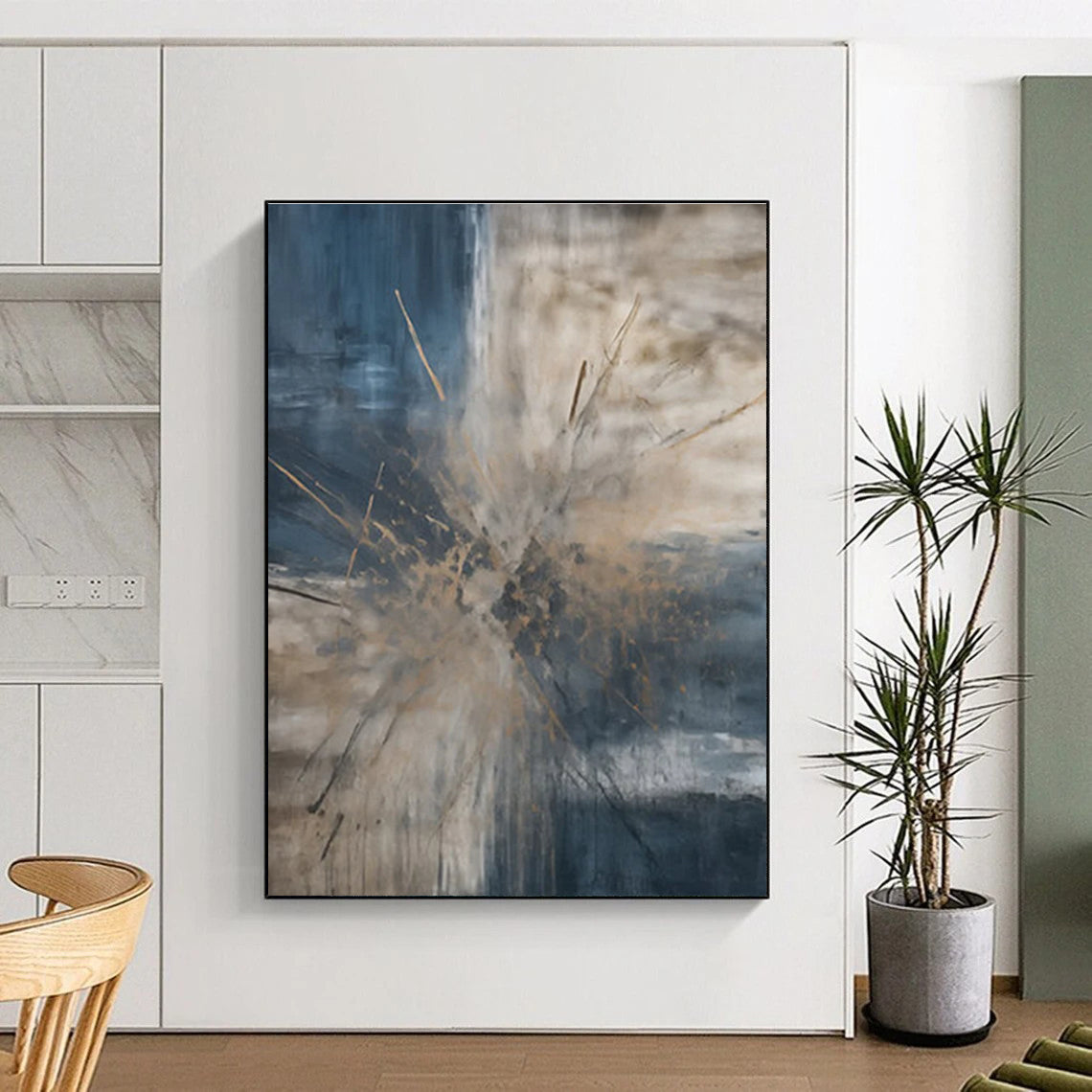 Blue and Beige Burst Abstract Painting with Dynamic Splashes ADGE119