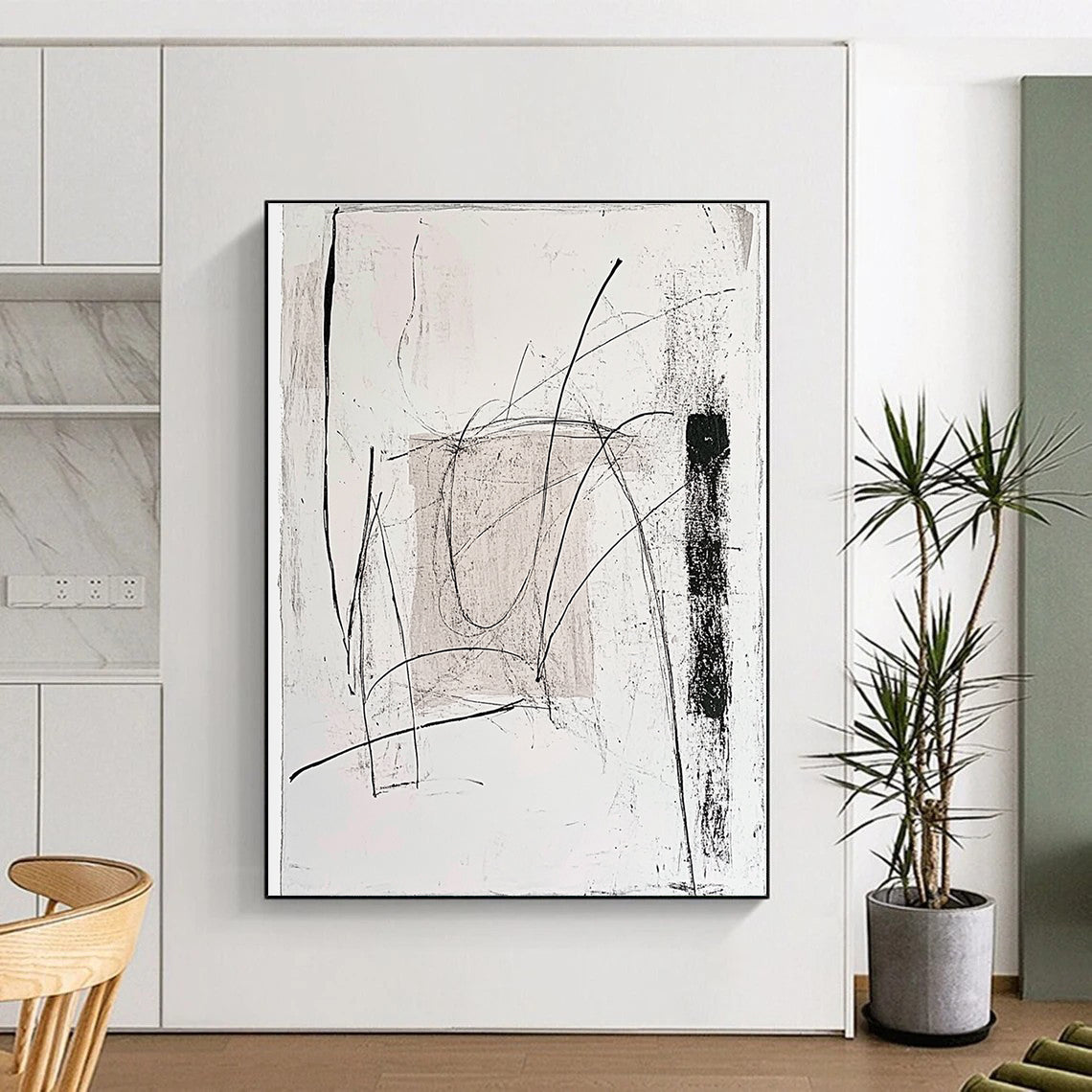 Black and White Line Abstract Painting with Dynamic Strokes GER097