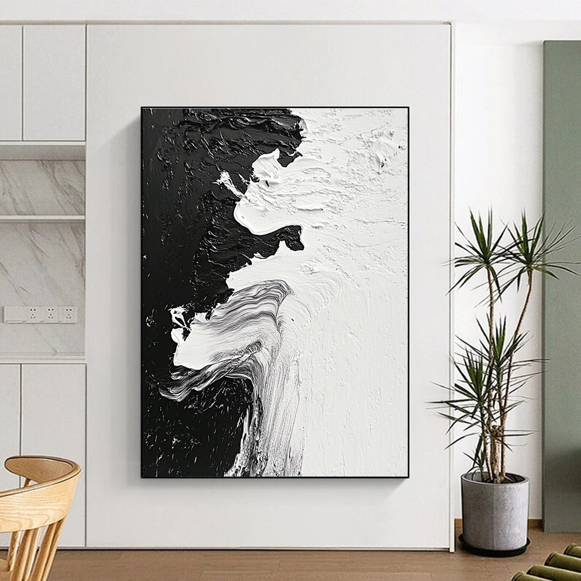Black White Flow Abstract Painting with Textured Strokes GER350