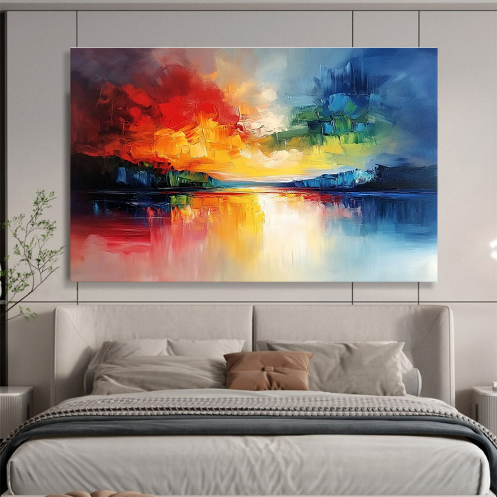 Large abstract landscape painting featuring a vibrant sky and reflective water with bold brushstrokes and rich textures.SC077