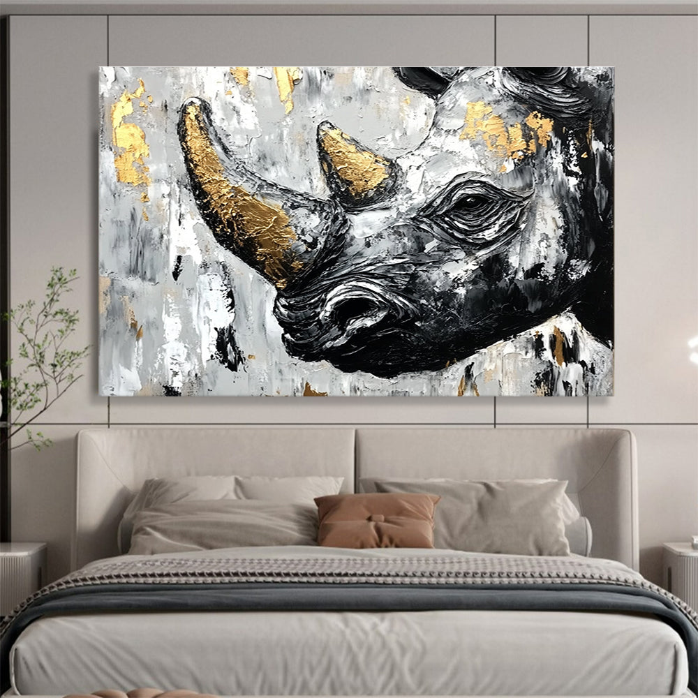 Abstract painting of an African rhinoceros in black and white with gold accents and textured strokes on a neutral background.SC151