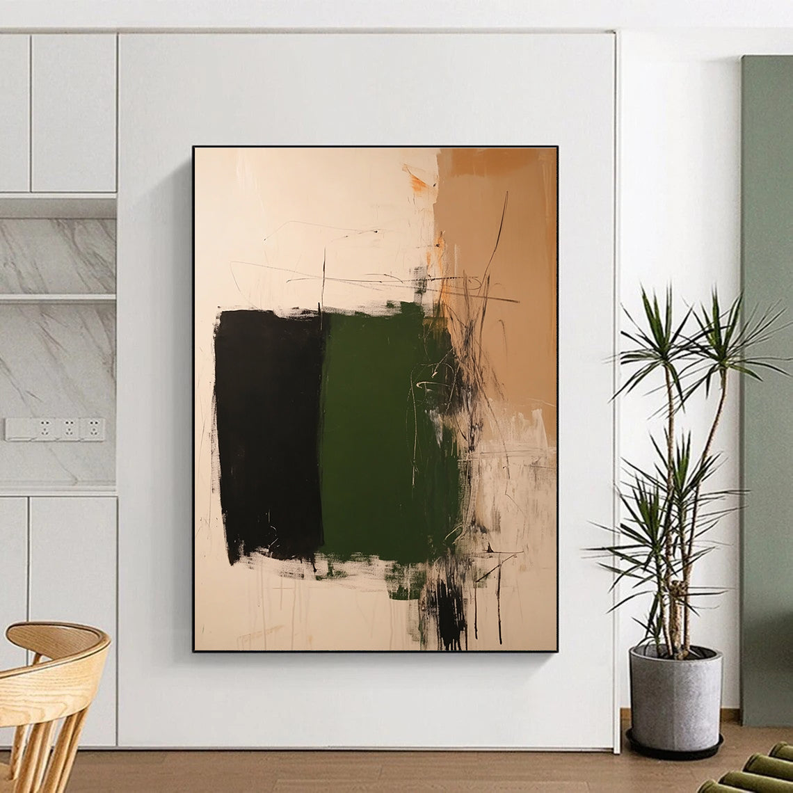 Green Black Beige Abstract Painting with Bold Color Blocks GER776