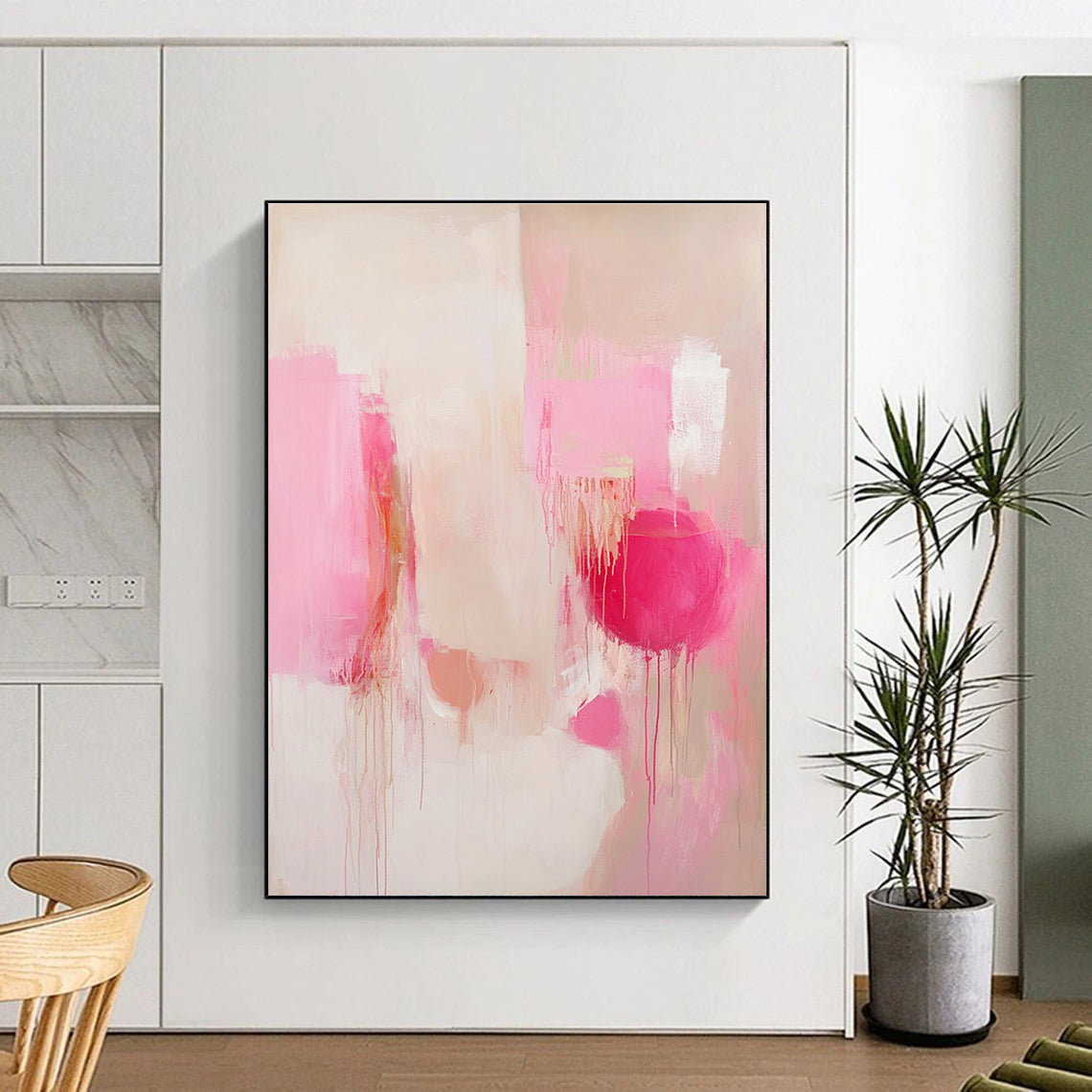 Large abstract painting in soft pink and white tones with emotional expressionism and delicate details, featuring layered shapes and unique accents.STSC807
