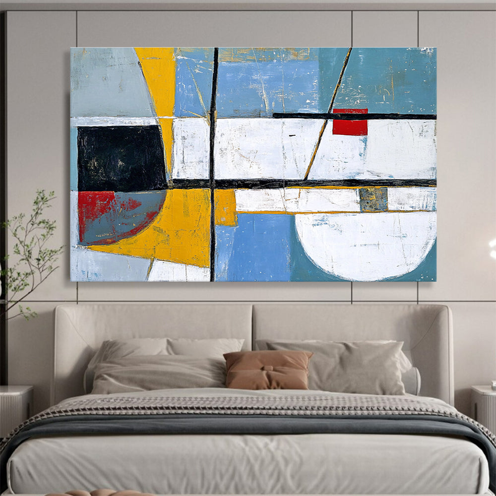 An abstract painting featuring white, blue, and grey shapes enhanced with yellow and red accents in the style of Paul Cézanne.SC391