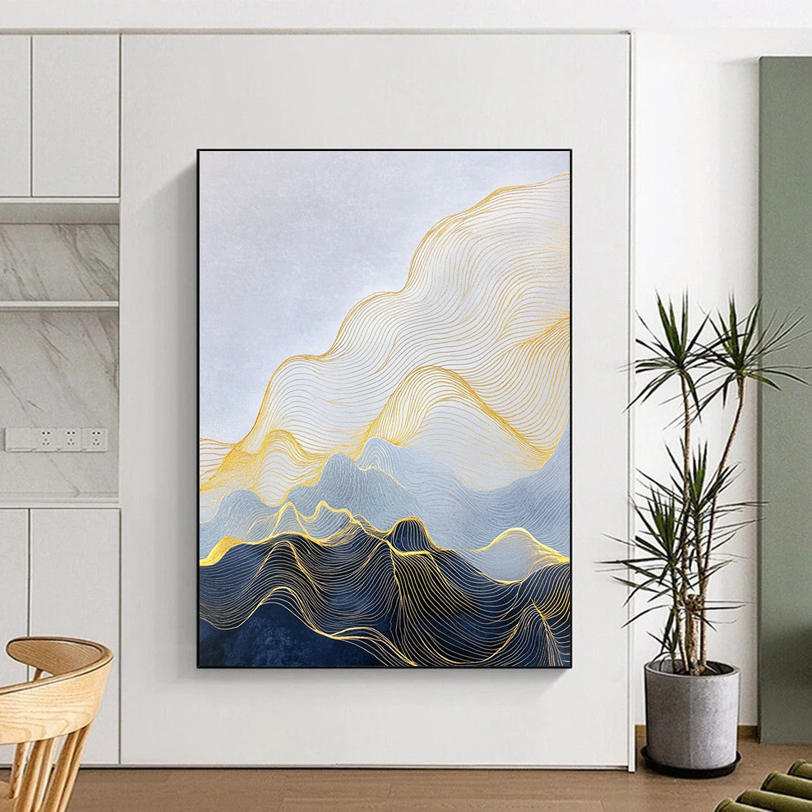 Large abstract painting depicting a minimalist landscape with golden lines forming mountains and delicate details in smooth waves and curves.STSC1257