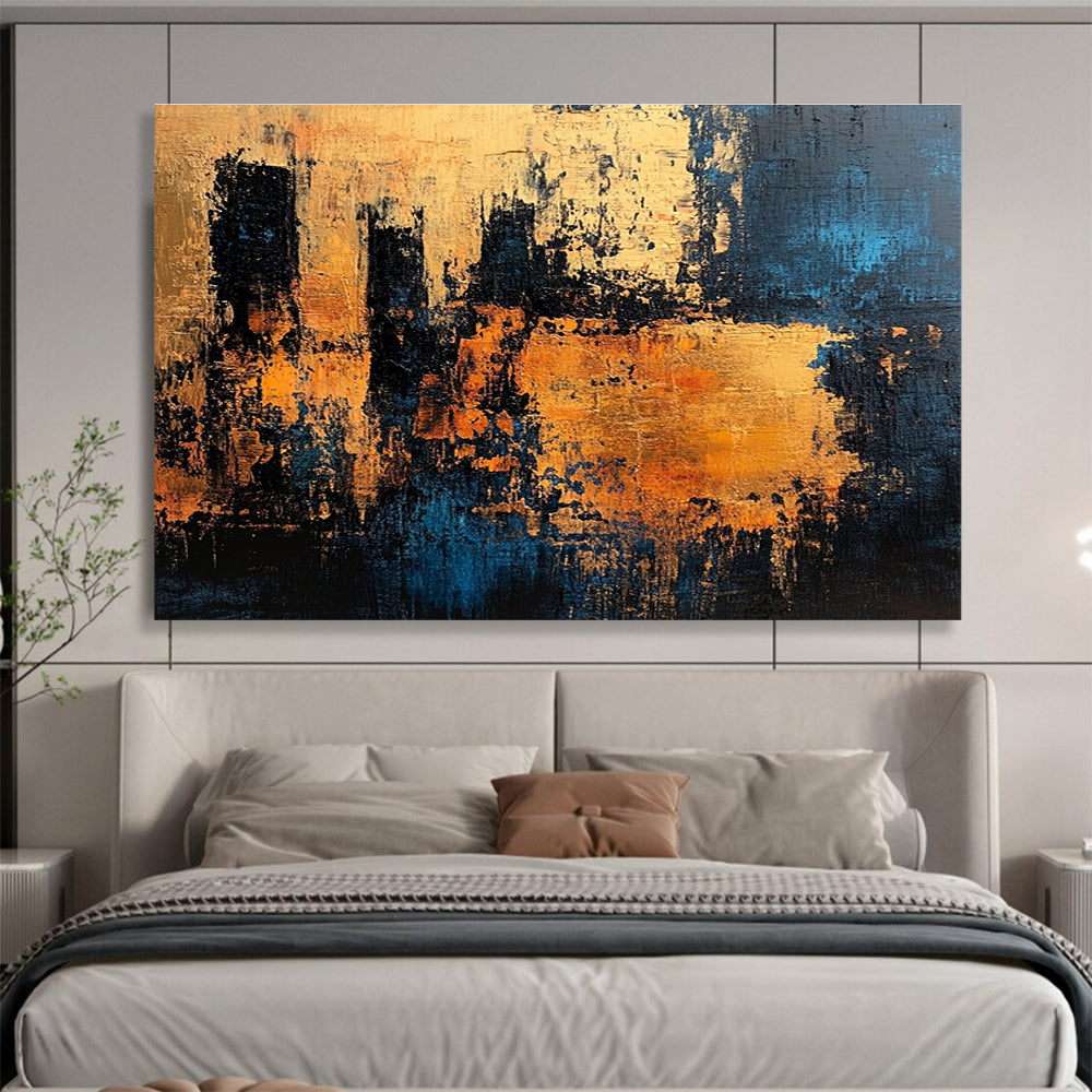 Large abstract painting with textured surface in dark blue and gold suggesting an ancient castle wall radiating warmth and history.SC371