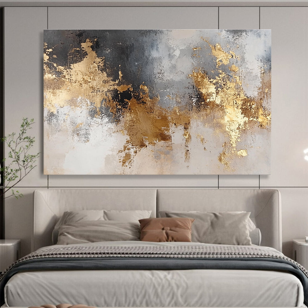 Large abstract art painting featuring gold and silver tones on a neutral background with soft textures and dreamy lighting.SC006