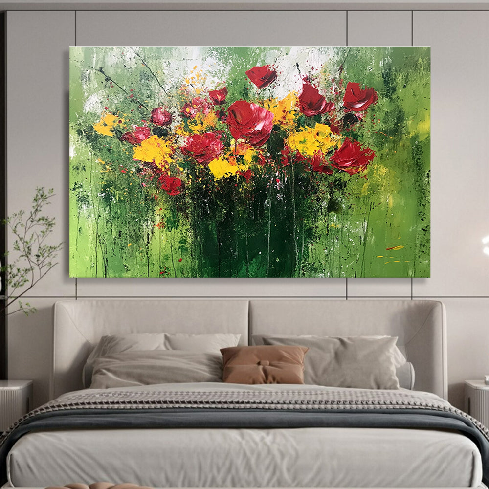 Large abstract painting featuring a vibrant bouquet in red and yellow with thick textured paint and expressive brushstrokes on a green background.SC479