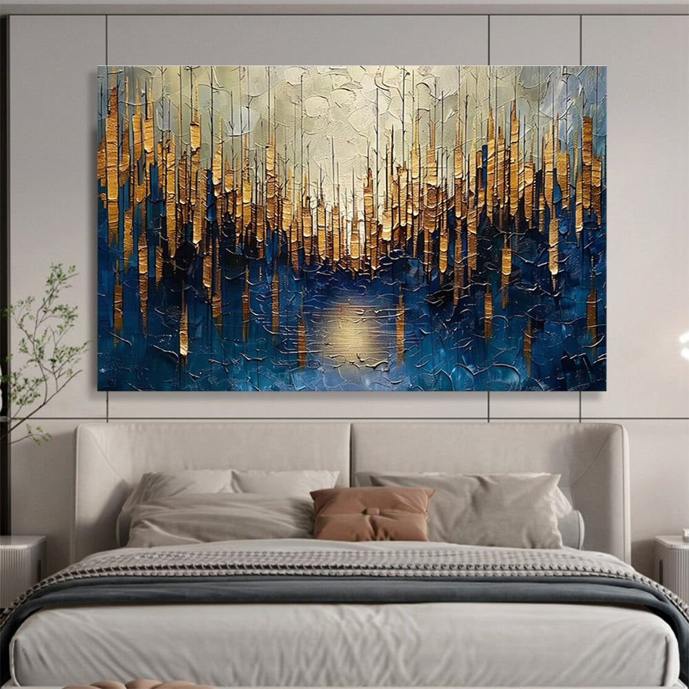 Golden Forest Abstract Painting with Blue and Gold Tones THY157