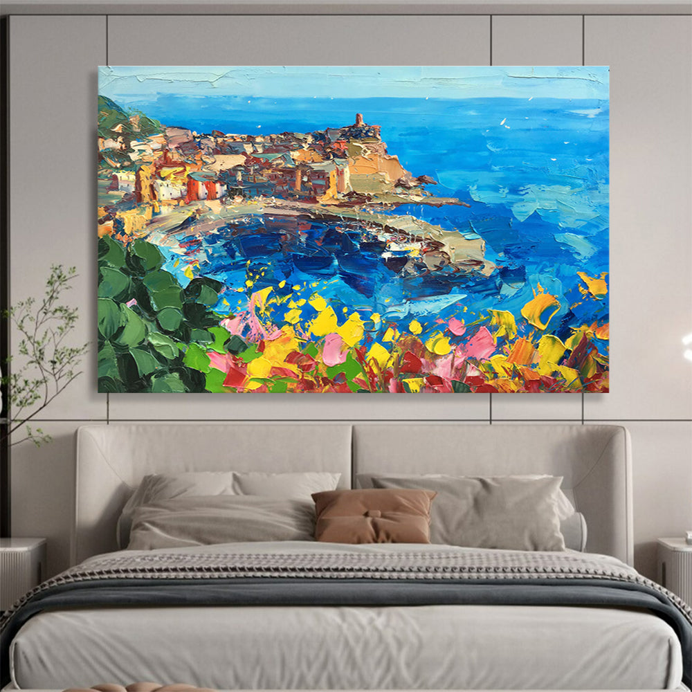 Blue Yellow Coastal Cliff Town Abstract Painting THY477