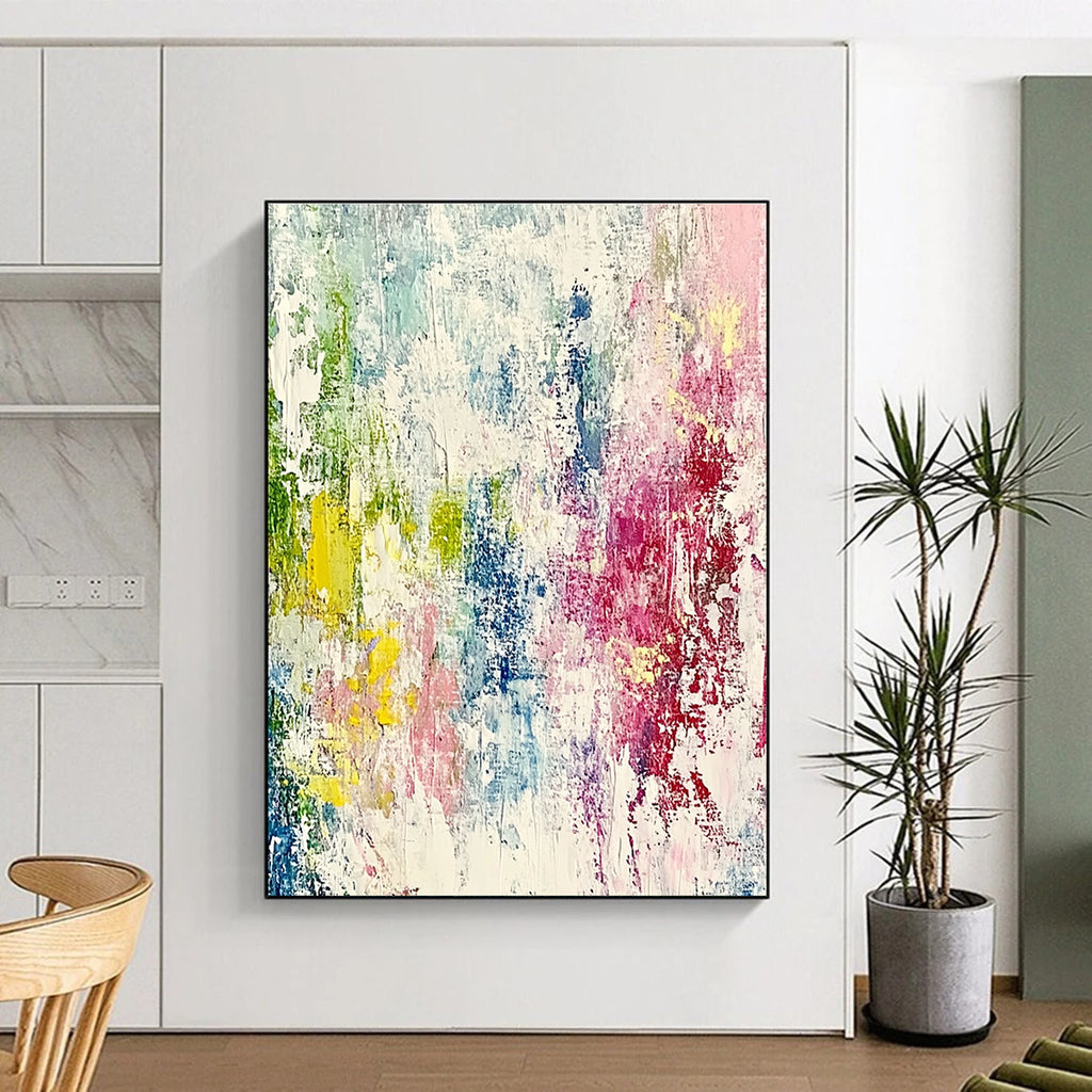 Large abstract painting with pastel colors featuring expressive brushstrokes and fine lines, creating a dynamic sense of movement and depth.STSC581