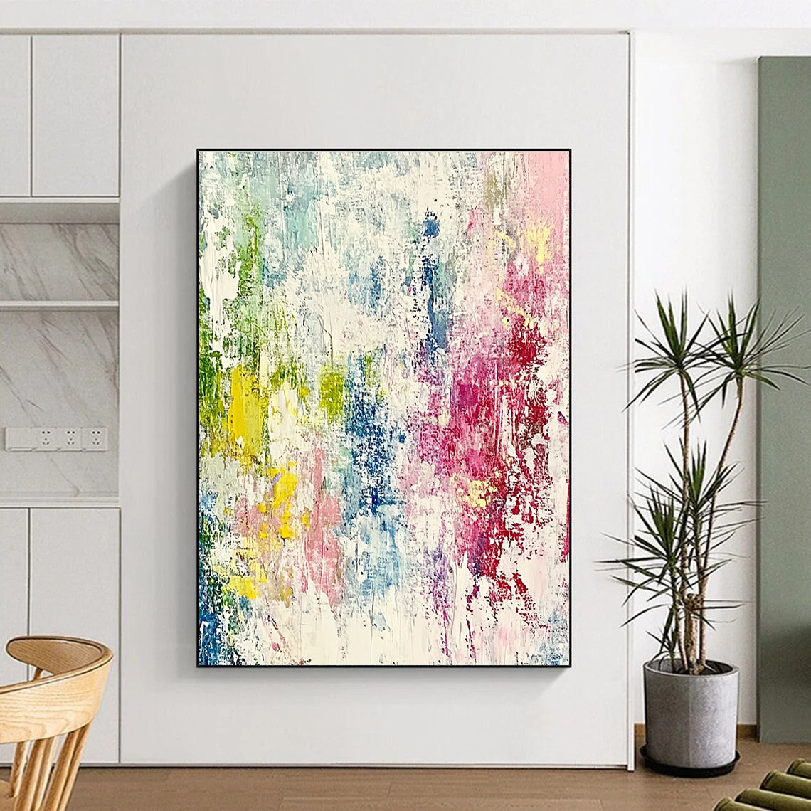 Large abstract painting with pastel colors featuring expressive brushstrokes and fine lines, creating a dynamic sense of movement and depth.STSC581