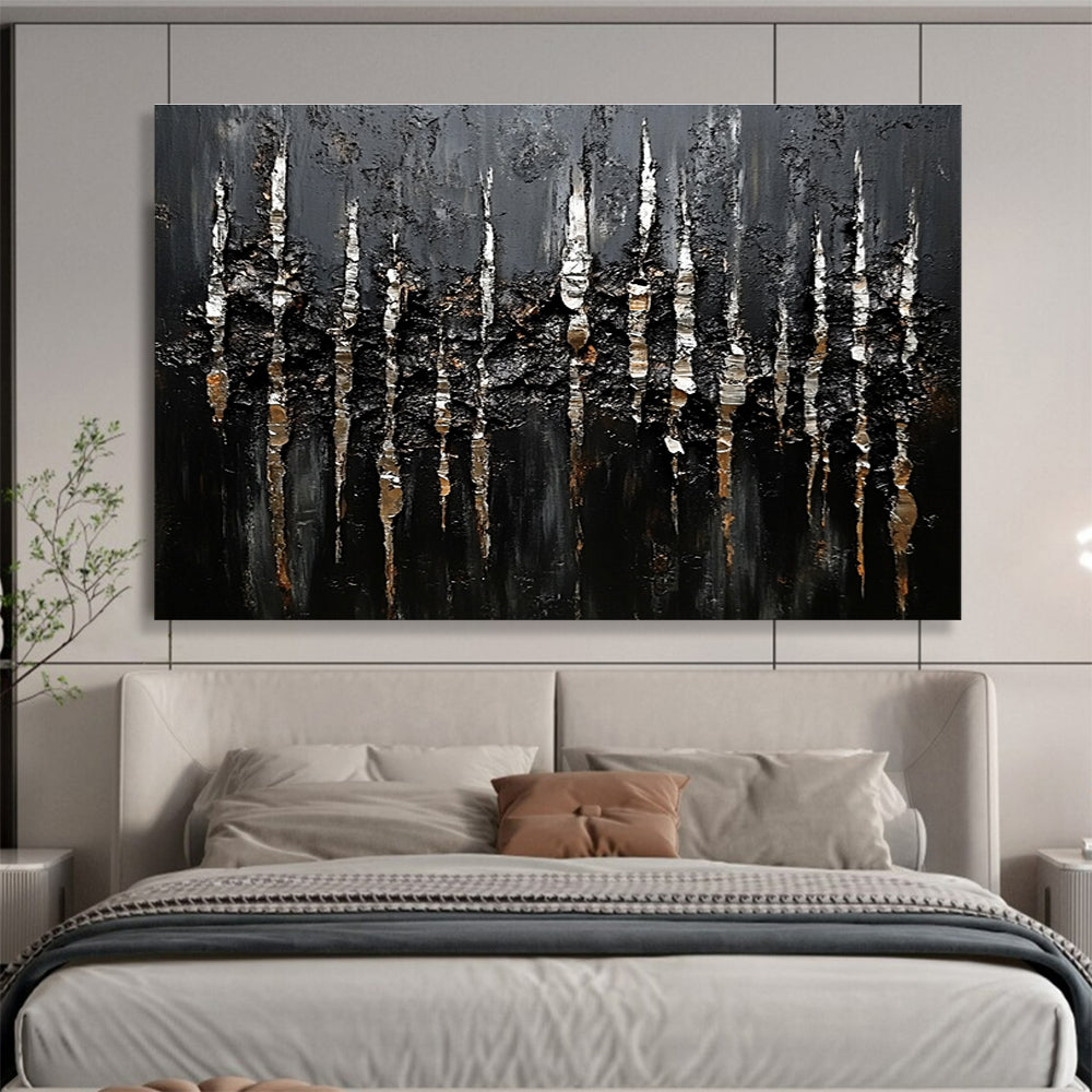 Black and Silver Textured Abstract Painting with Dripping Effects DYP180