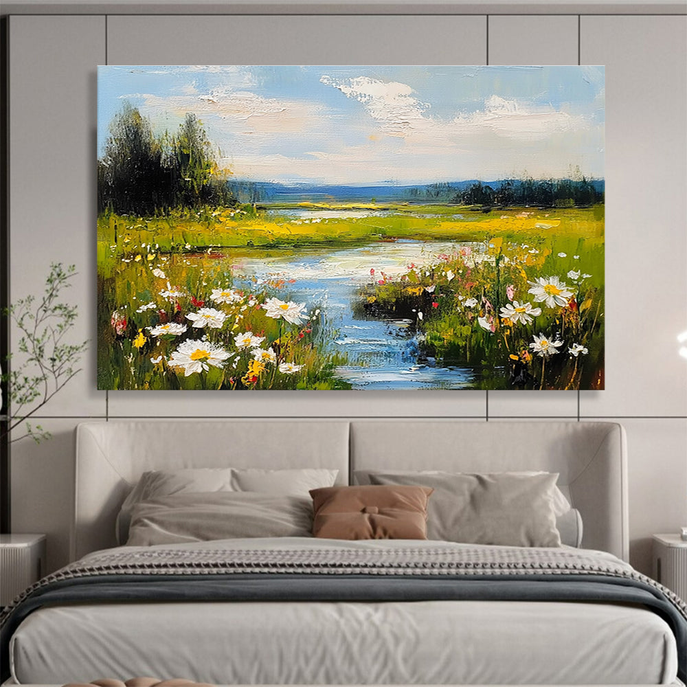Flower - Filled River Valley Impressionistic Abstract Painting with Bright Colors DYP594