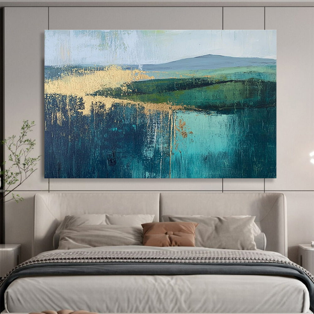 Large abstract painting featuring vibrant greens and blues with gold foil accents inspired by [Artist name].SC315
