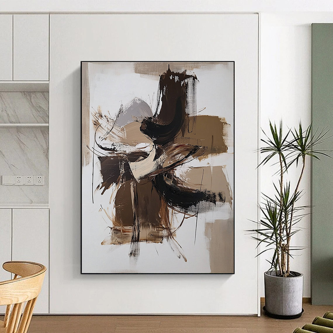 Beige Brown and White Abstract Painting with Energetic Strokes GER639