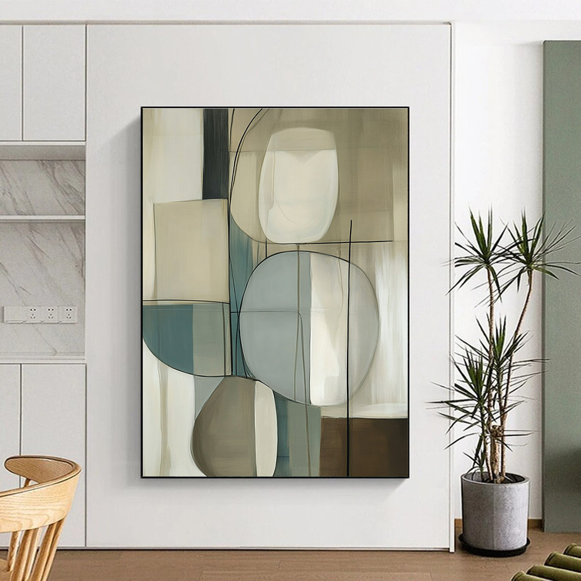 Large abstract painting with geometric forms in soft beige and cream shades featuring smooth textures and elegant negative space.STSC1321
