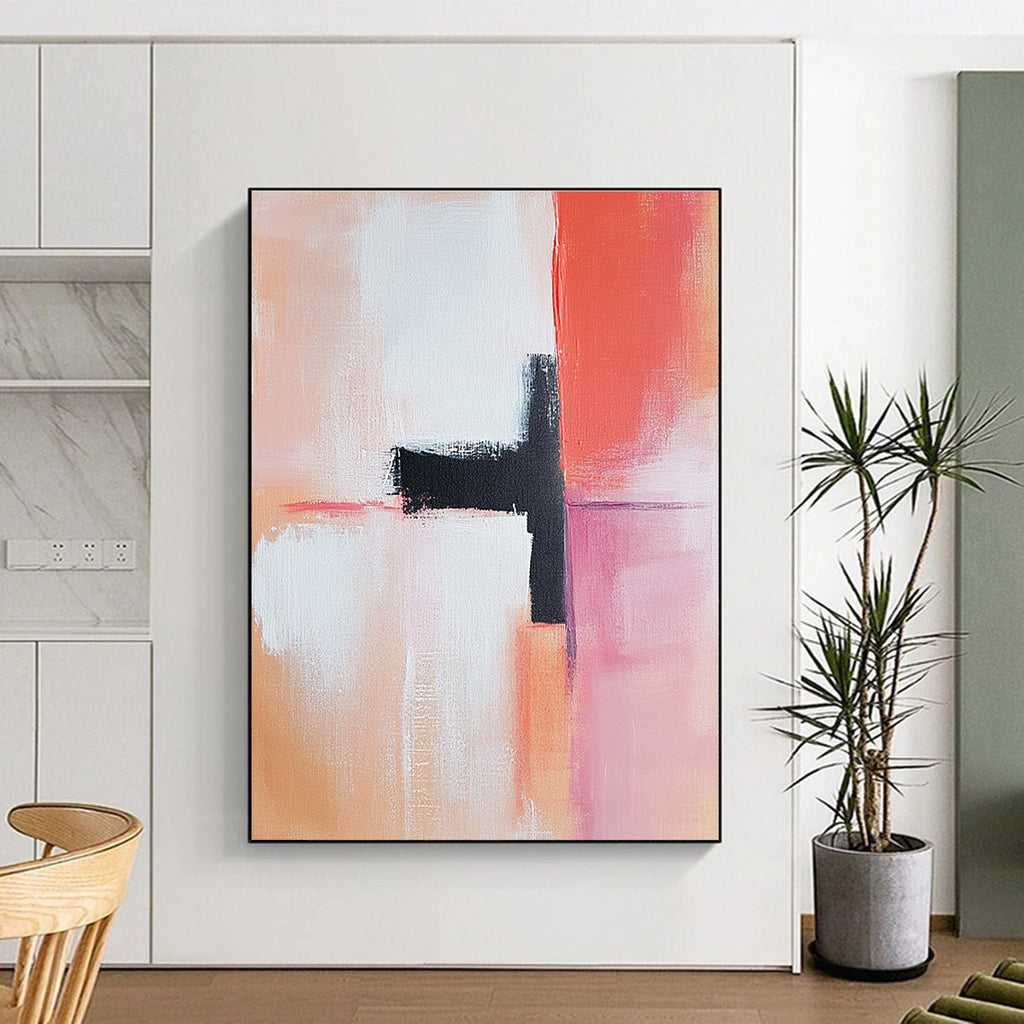 Large abstract painting featuring light pink peach and white tones with a dark red accent oil on canvas in the style of Henri Matisse.STSC819