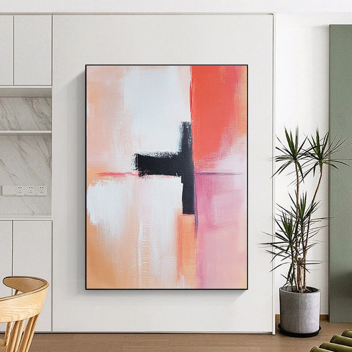 Large abstract painting featuring light pink peach and white tones with a dark red accent oil on canvas in the style of Henri Matisse.STSC819