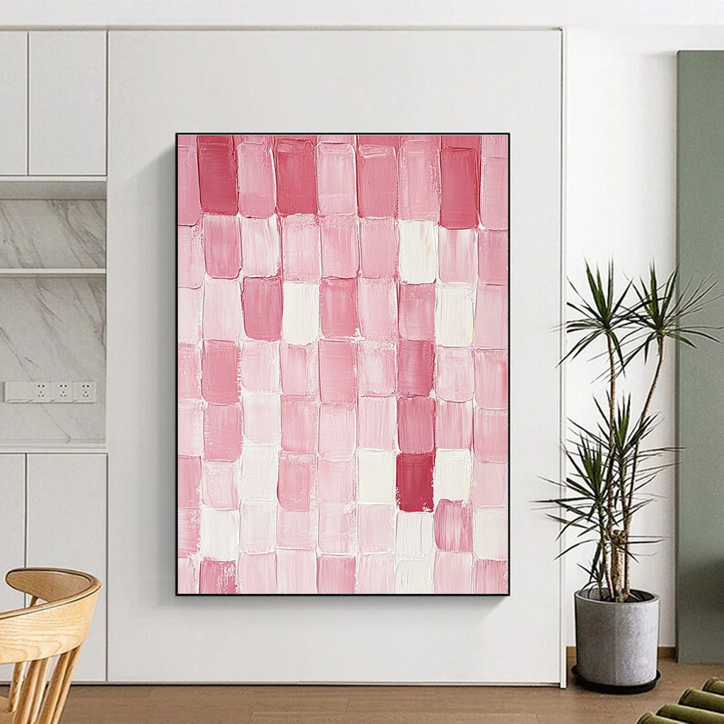 Large abstract painting featuring pink and glossy mottled rectangular blocks arranged on a pure white background with textured brushstrokes.STSC1411