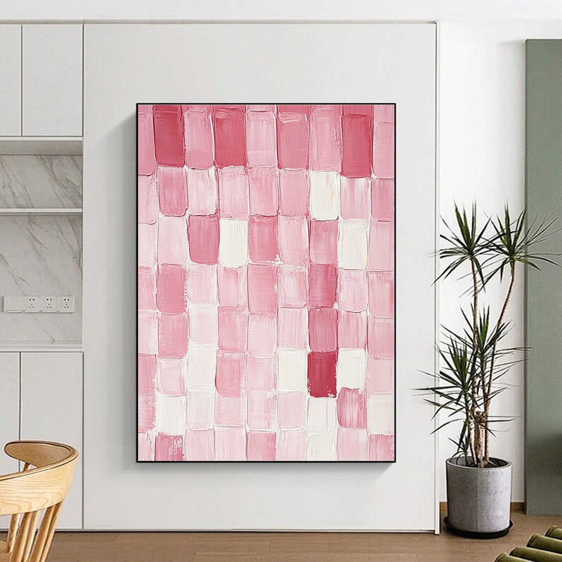 Large abstract painting featuring pink and glossy mottled rectangular blocks arranged on a pure white background with textured brushstrokes.STSC1411