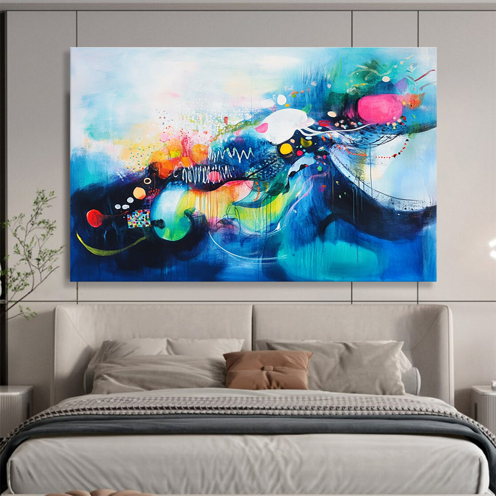 Colorful Blue Abstract Painting with Whimsical Elements DYP383