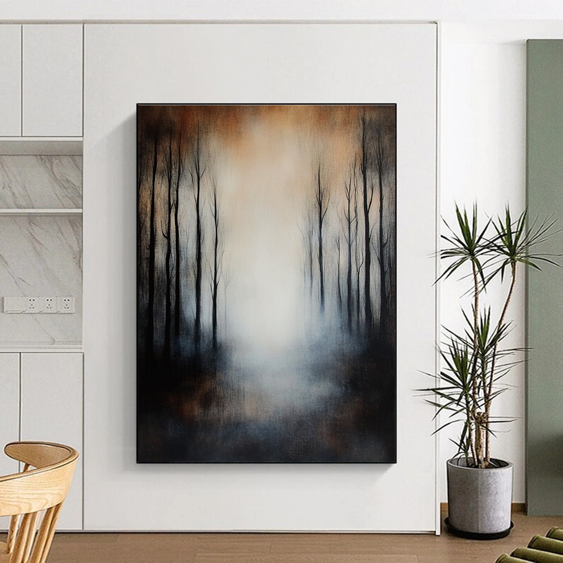 Large abstract painting of an eerie forest featuring black trees muted colors foggy atmosphere and impressionistic brushstrokes on textured canvas.STSC259