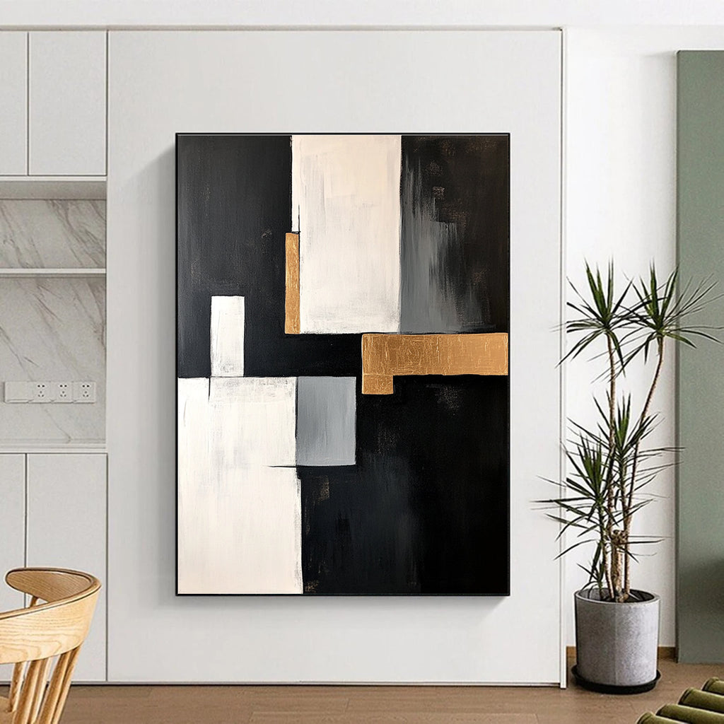 Black White Gray and Gold Abstract Painting with Luxe Elements GER508